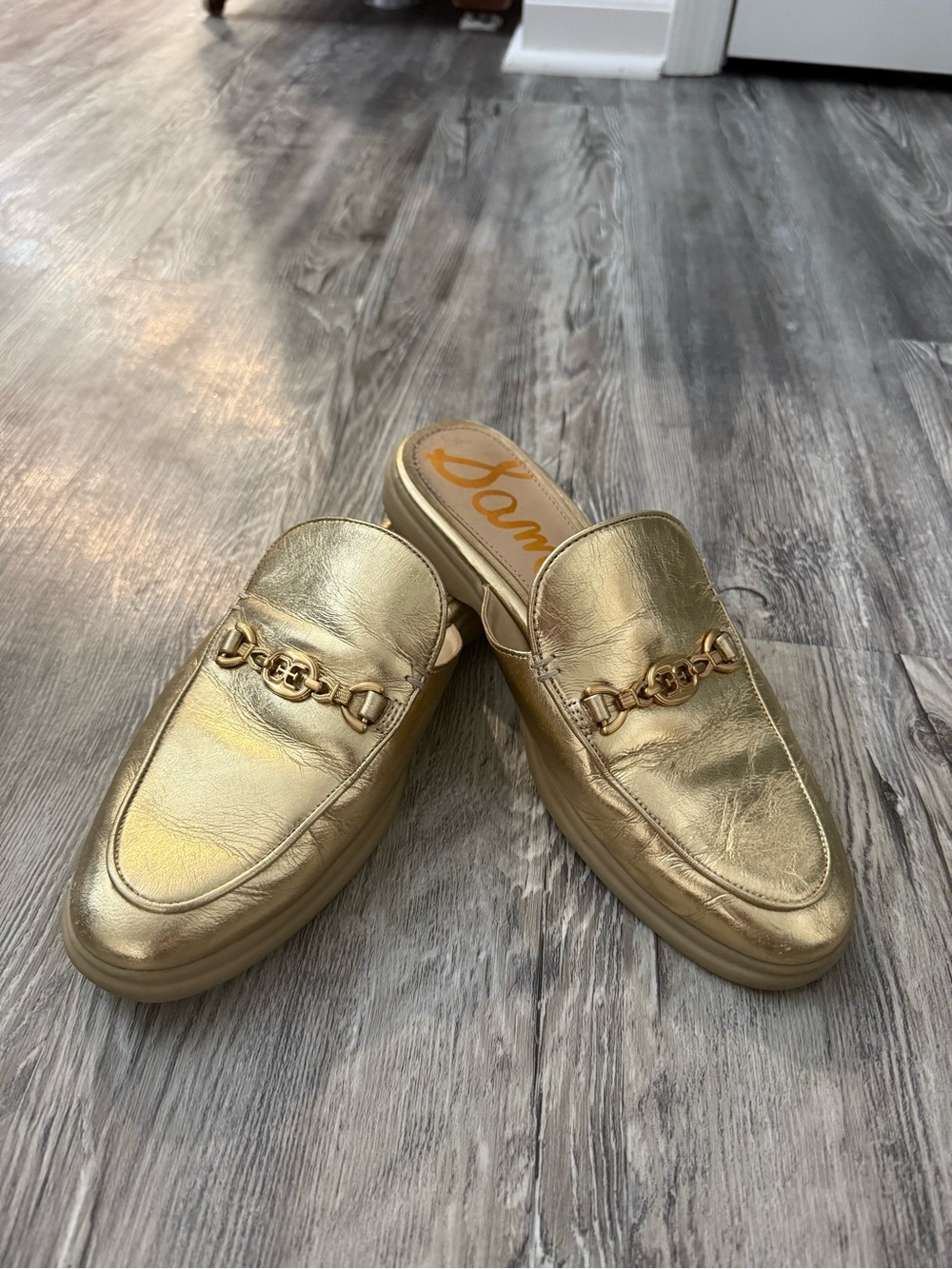 Sam Edelman Metallic Gold Leather Slip-On Mule Loafers